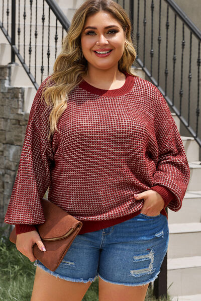 Plus Size Waffle-Knit Round Neck Dropped Shoulder Sweater-TOPS / DRESSES-[Adult]-[Female]-Deep Red-1XL-2022 Online Blue Zone Planet