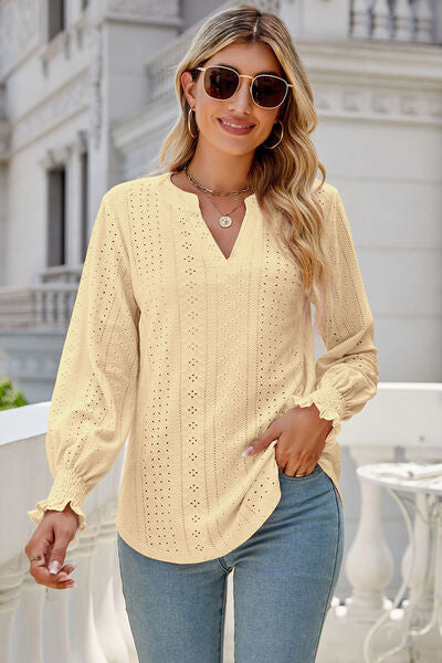 Eyelet Notched Lantern Sleeve T-Shirt Trendsi