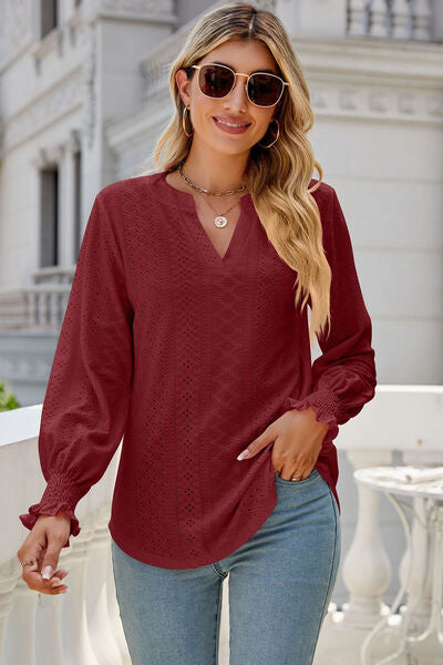 Eyelet Notched Lantern Sleeve T-Shirt Trendsi