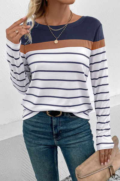 Blue Zone Planet |  Striped Round Neck Long Sleeve T-Shirt BLUE ZONE PLANET