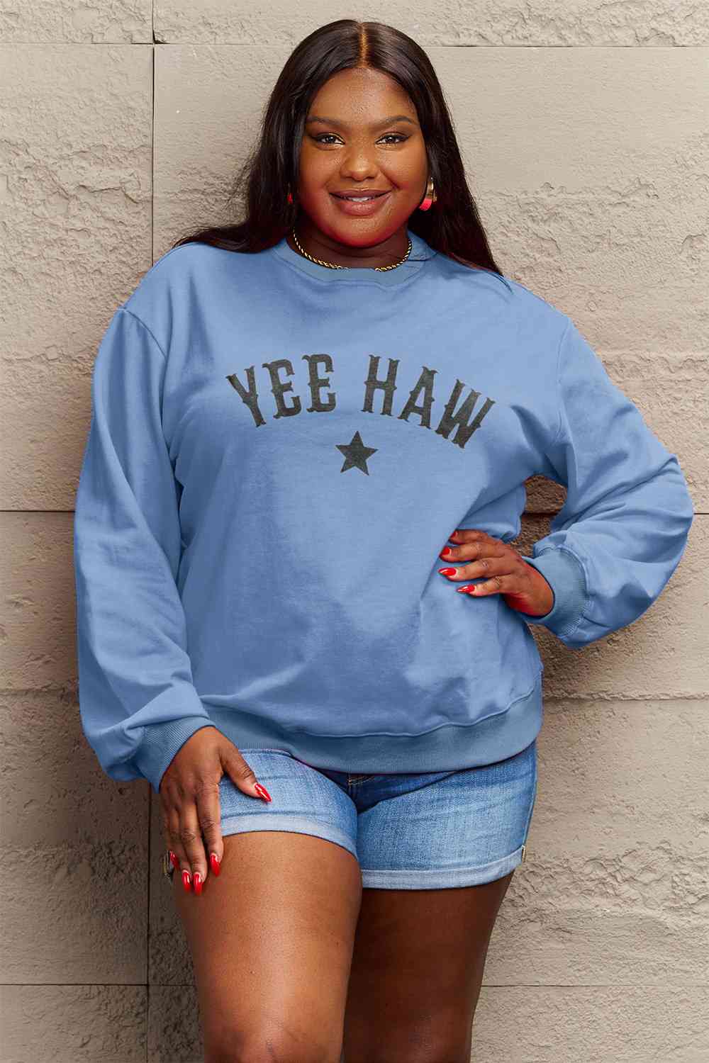 Simply Love Full Size YEEHAW Graphic Round Neck Sweatshirt BLUE ZONE PLANET