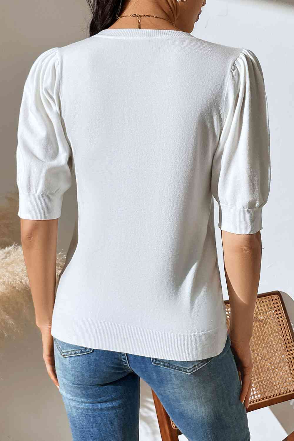 Round Neck Puff Sleeve Knit Top BLUE ZONE PLANET