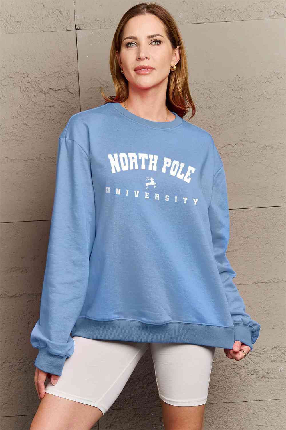 Simply Love Full Size NORTH POLE UNIVERSITY Graphic Sweatshirt BLUE ZONE PLANET