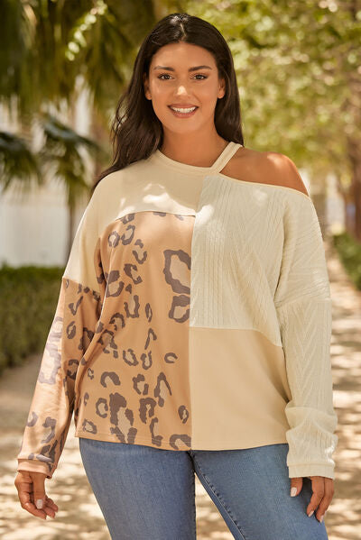 Plus Size Leopard Color Block Long Sleeve T-Shirt BLUE ZONE PLANET