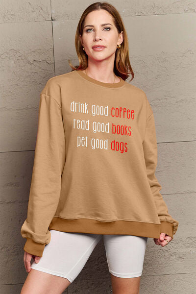Simply Love Full Size Letter Graphic Round Neck Sweatshirt-TOPS / DRESSES-[Adult]-[Female]-Camel-S-2022 Online Blue Zone Planet