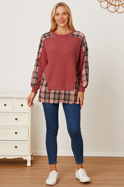 Blue Zone Planet |  Plaid Round Neck Dropped Shoulder Sweatshirt BLUE ZONE PLANET