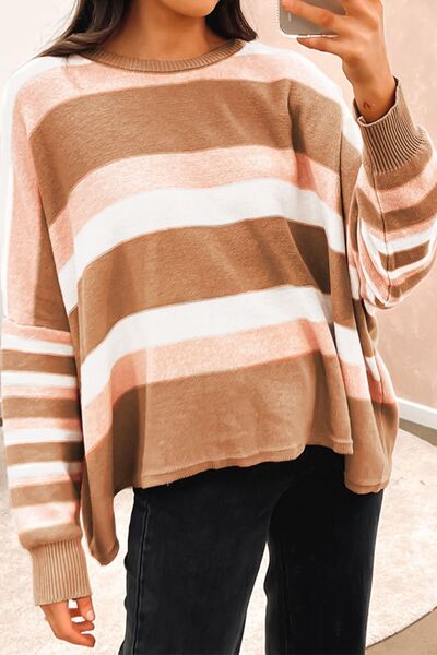 Striped Round Neck Long Sleeve Sweater BLUE ZONE PLANET