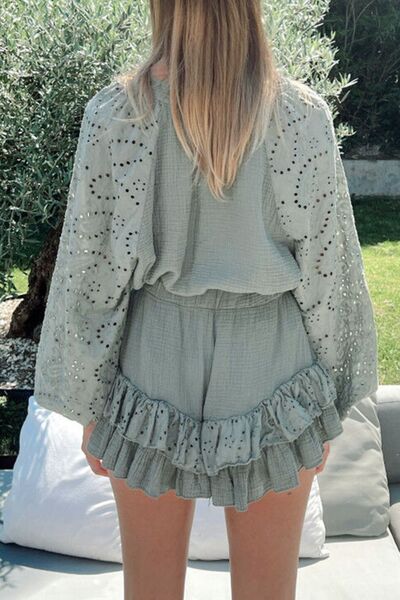 Eyelet Half Button Top and Shorts Set Trendsi