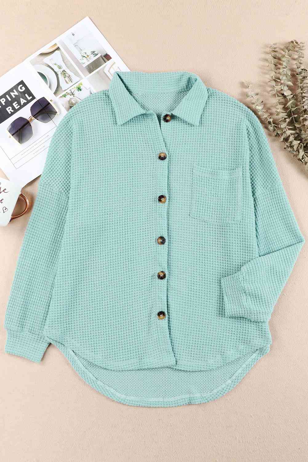 Waffle-Knit Button Up Long Sleeve Shirt with Pocket BLUE ZONE PLANET