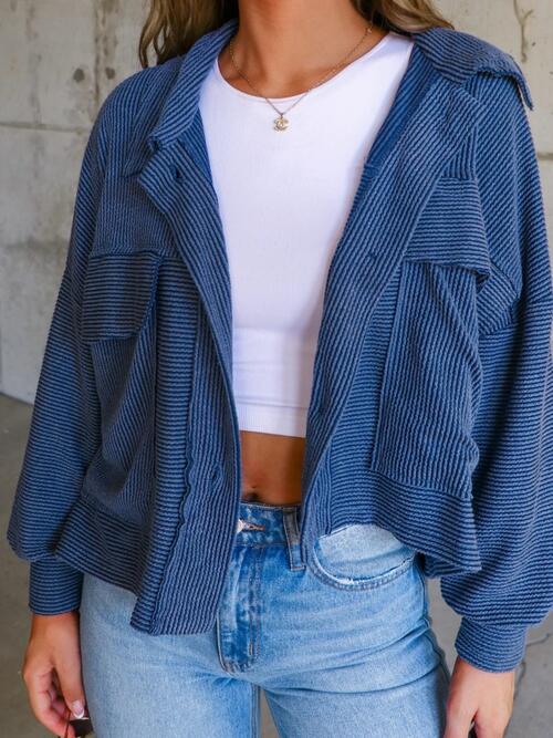 Ribbed Collared Neck Button Up Jacket BLUE ZONE PLANET