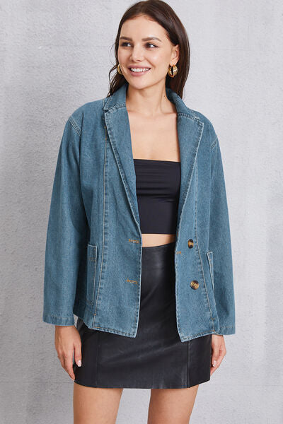 Pocketed Button Up Denim Jacket Trendsi