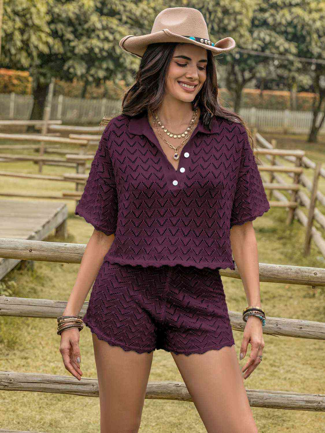 Eyelet Collared Neck Short Sleeve Top and Shorts Set BLUE ZONE PLANET