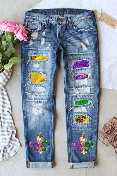 Mardi Gras Sequin Distressed Straight Jeans BLUE ZONE PLANET