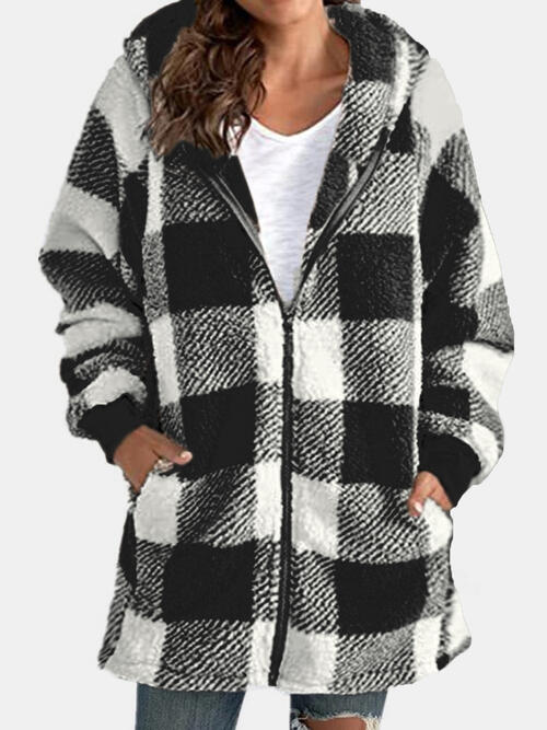 Plaid Zip Up Hooded Jacket with Pockets BLUE ZONE PLANET