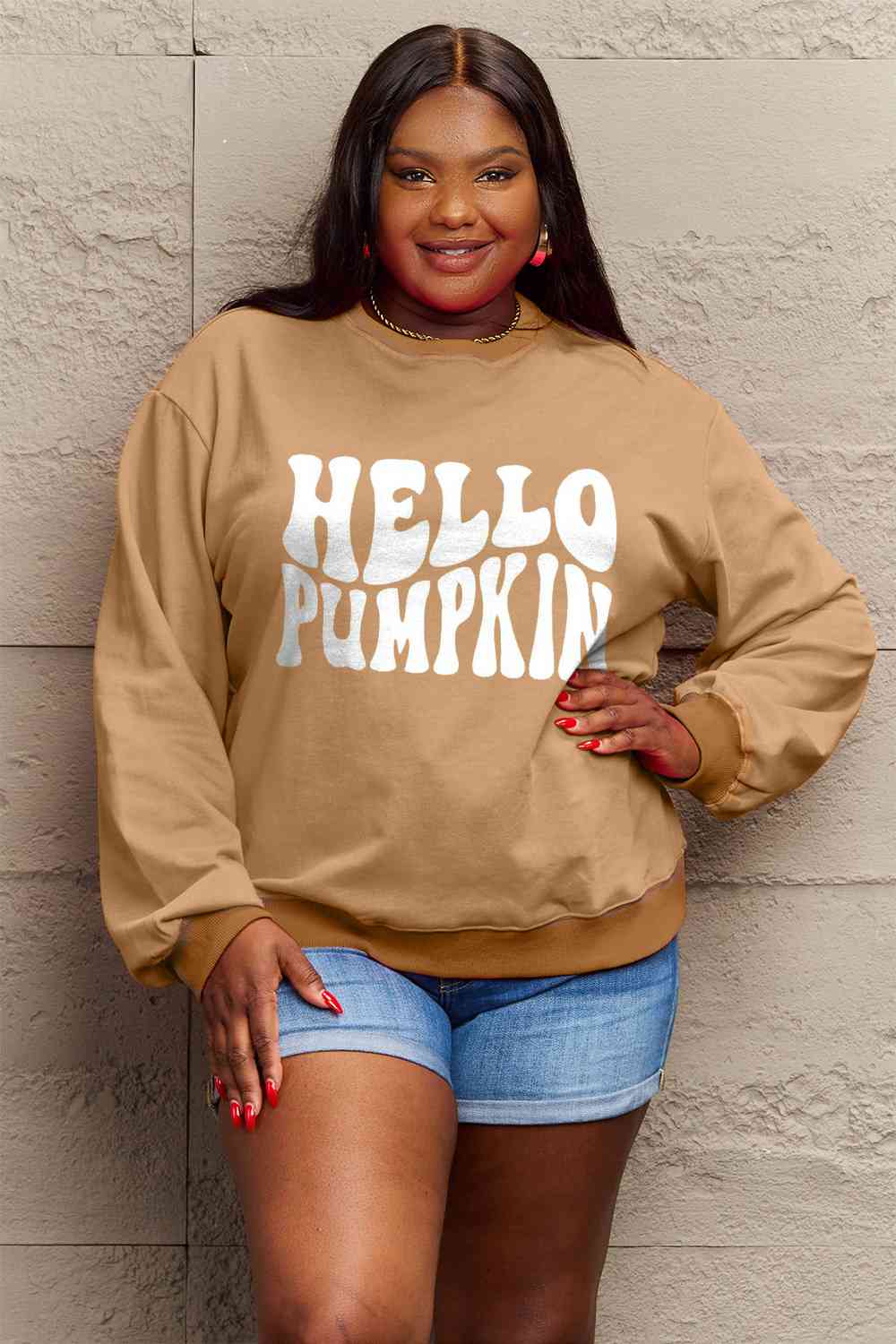 Simply Love Full Size HELLO PUMPKIN Graphic Sweatshirt BLUE ZONE PLANET