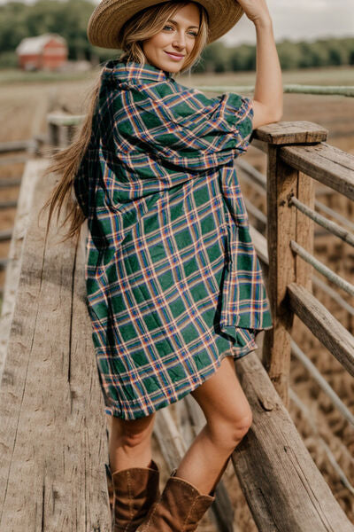 Blue Zone Planet |  Plaid Button Up Collared Neck Shirt Dress BLUE ZONE PLANET