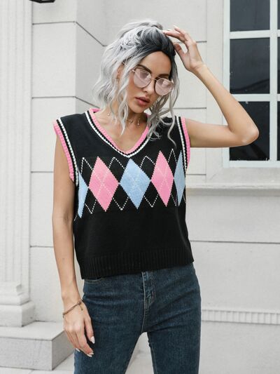 Geometric V-Neck Sweater Vest BLUE ZONE PLANET