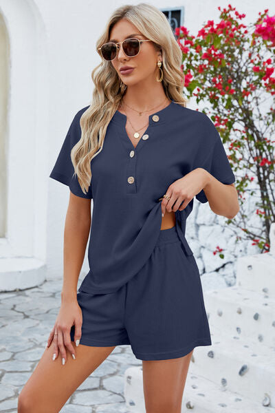 Blue Zone Planet |  Notched Button Detail Dropped Shoulder Top and Shorts Set BLUE ZONE PLANET