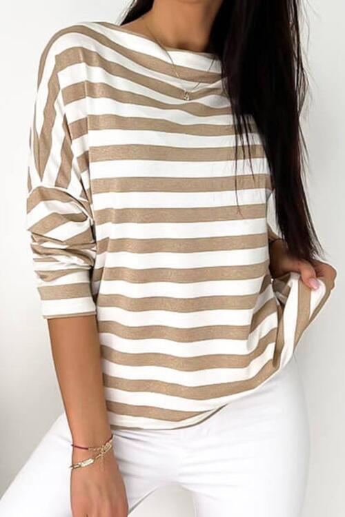 Striped Round Neck Long Sleeve Blouse BLUE ZONE PLANET