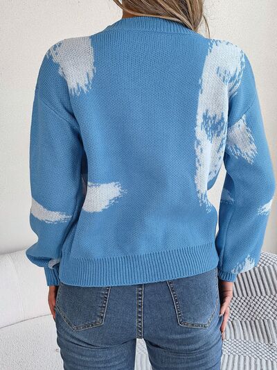 Contrast V-Neck Long Sleeve Sweater BLUE ZONE PLANET