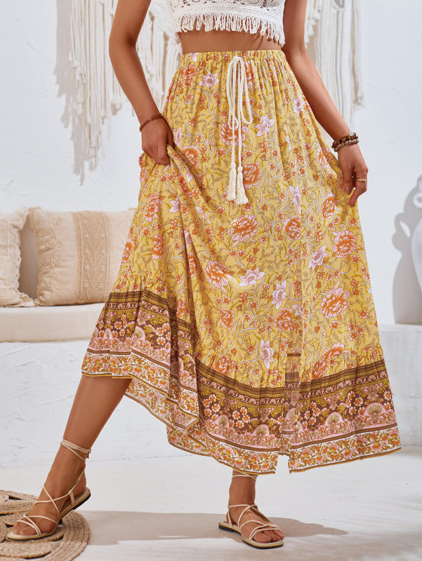 bohemian printed waist drawstring skirt BLUE ZONE PLANET