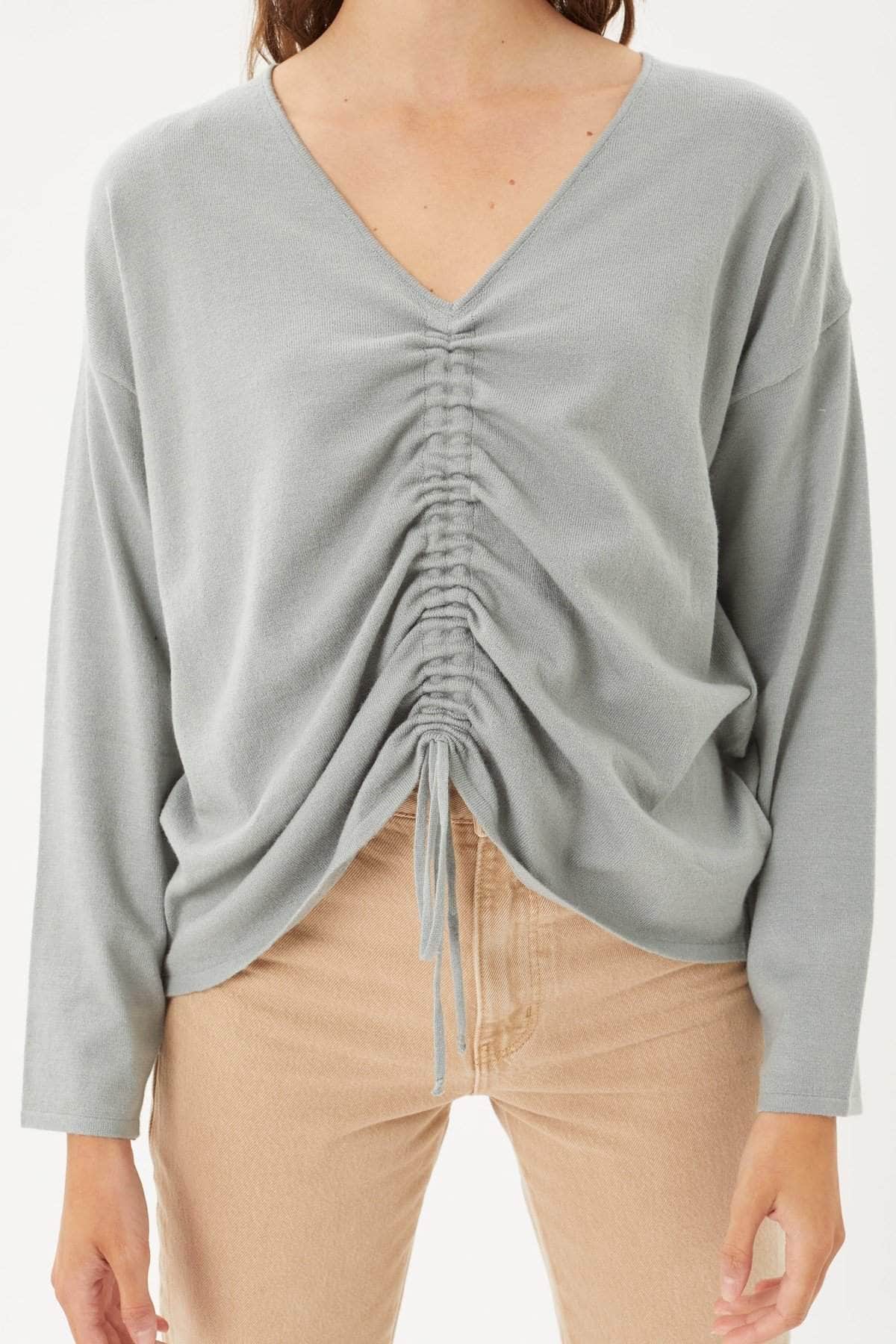 A V-neckline Drawstring Ruched Top-[Adult]-[Female]-Blue Zone Planet