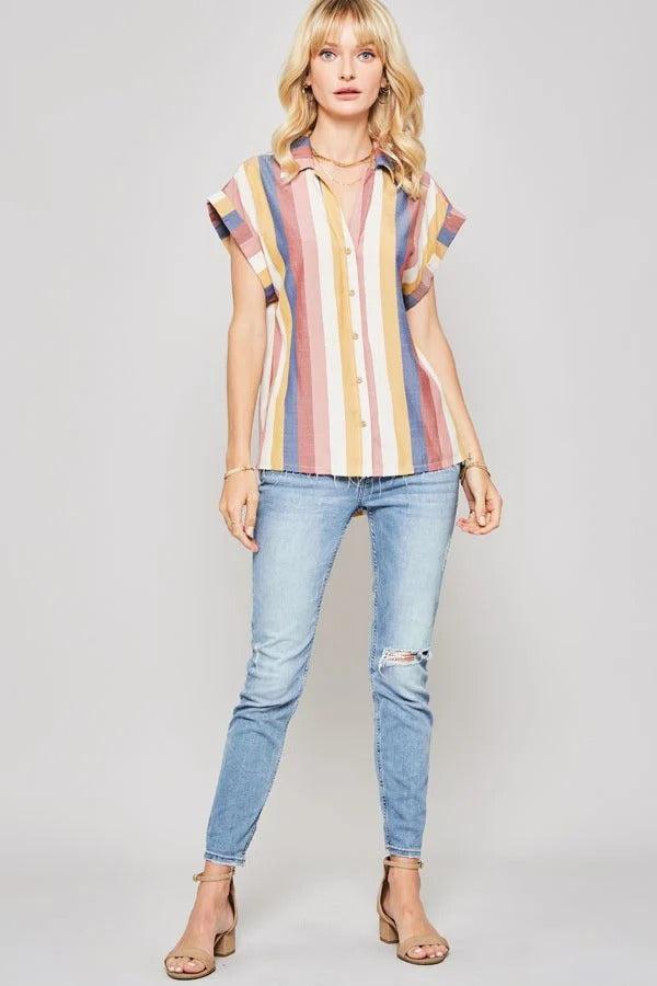 A Woven Shirt In Multicolor Striped With Collared Neckline Blue Zone Planet