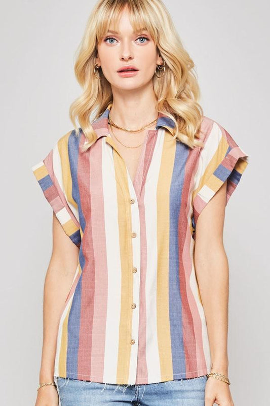 A Woven Shirt In Multicolor Striped With Collared Neckline Blue Zone Planet