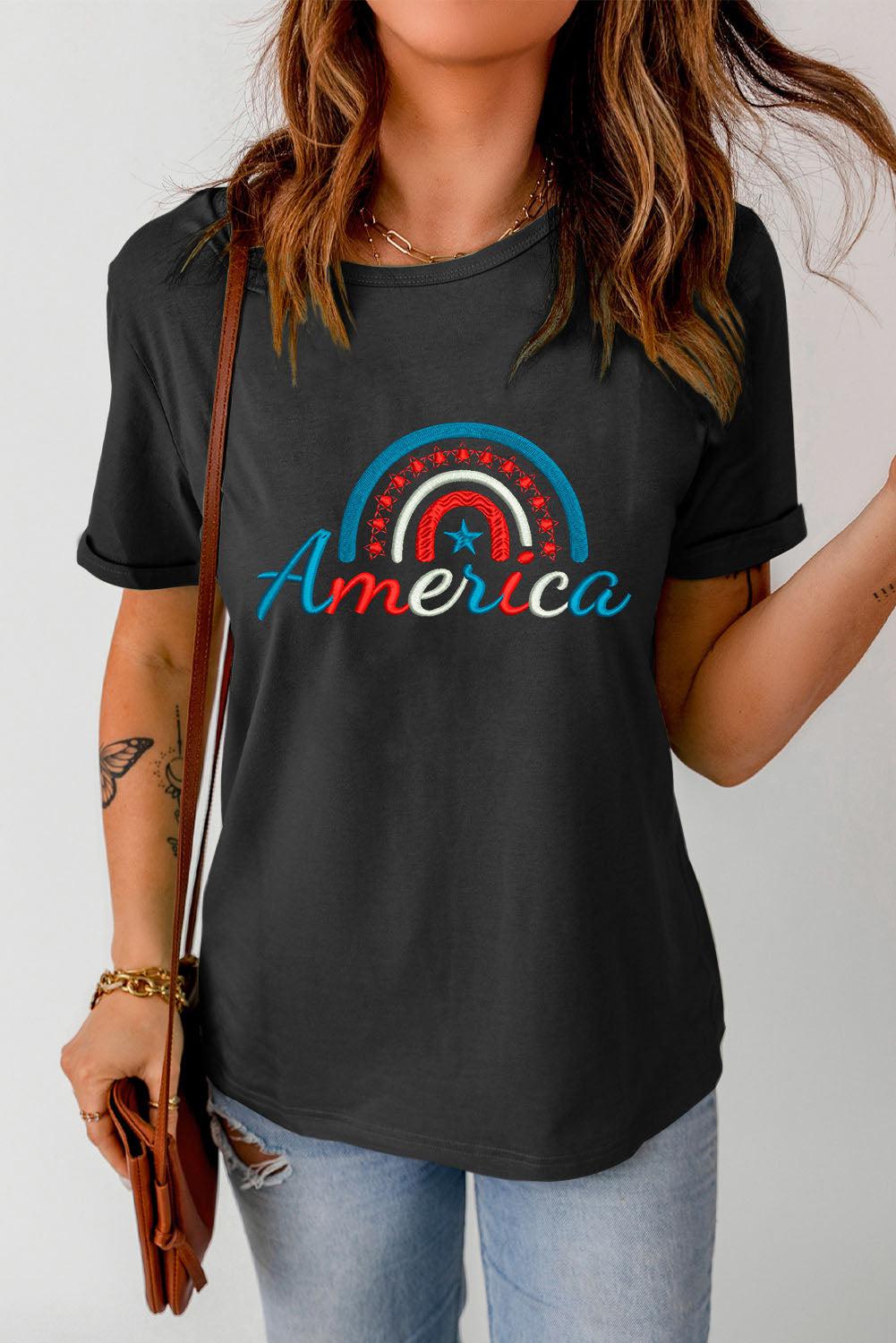 AMERICAN Embroidered Round Neck Cuffed Tee Shirt BLUE ZONE PLANET