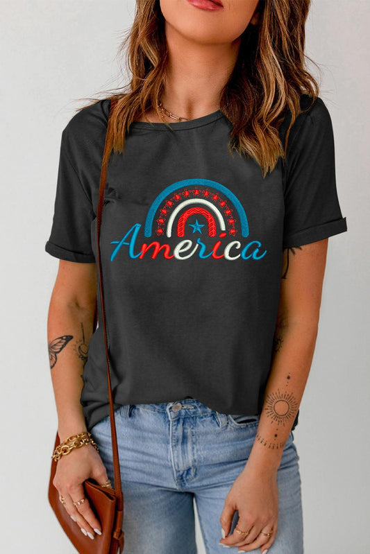 AMERICAN Embroidered Round Neck Cuffed Tee Shirt BLUE ZONE PLANET