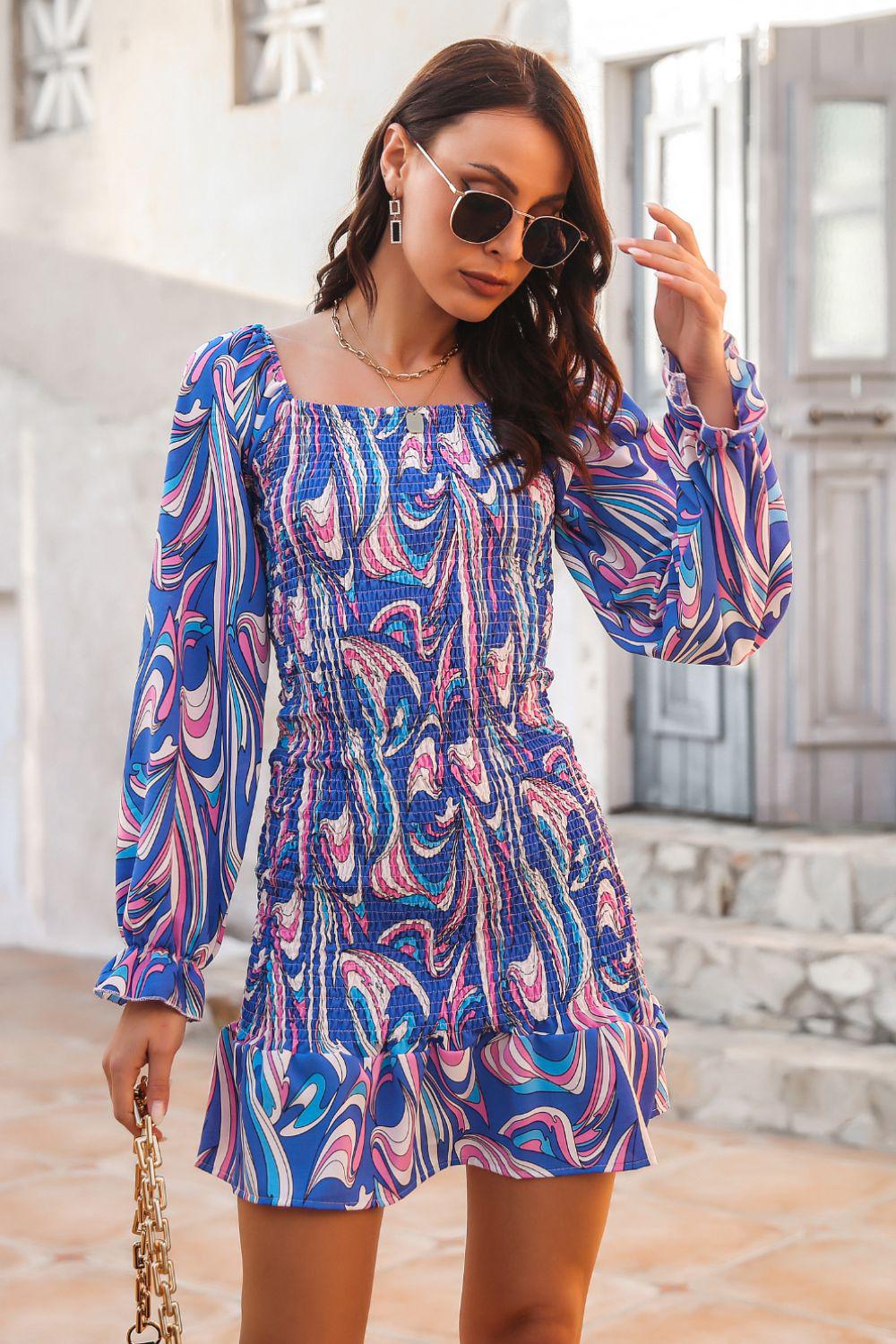 Abstract Print Square Neck Smocked Dress BLUE ZONE PLANET