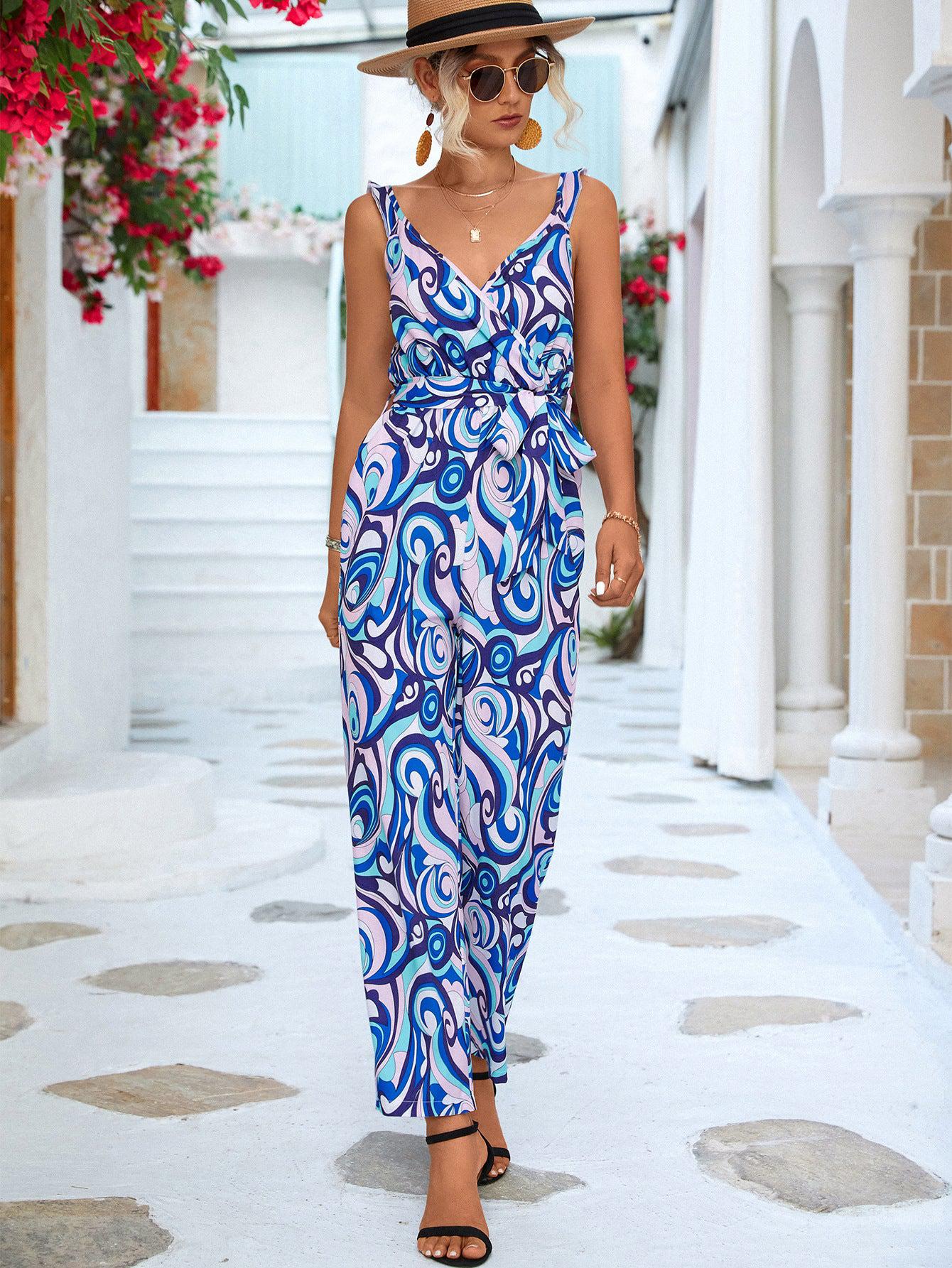 Abstract Print Tied  Sleeveless Jumpsuit BLUE ZONE PLANET