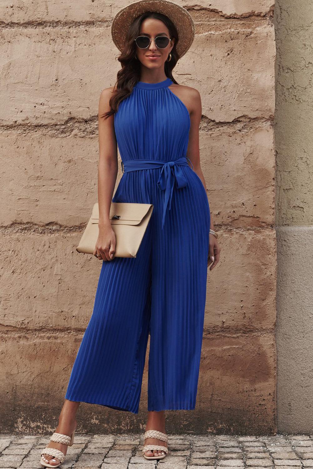 Accordion Pleated Belted Grecian Neck Sleeveless Jumpsuit BLUE ZONE PLANET