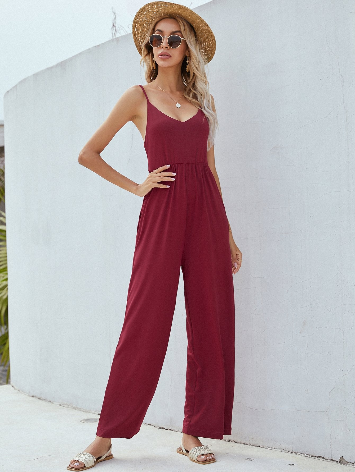Adjustable Spaghetti Strap Jumpsuit with Pockets-TOPS / DRESSES-[Adult]-[Female]-Blue Zone Planet