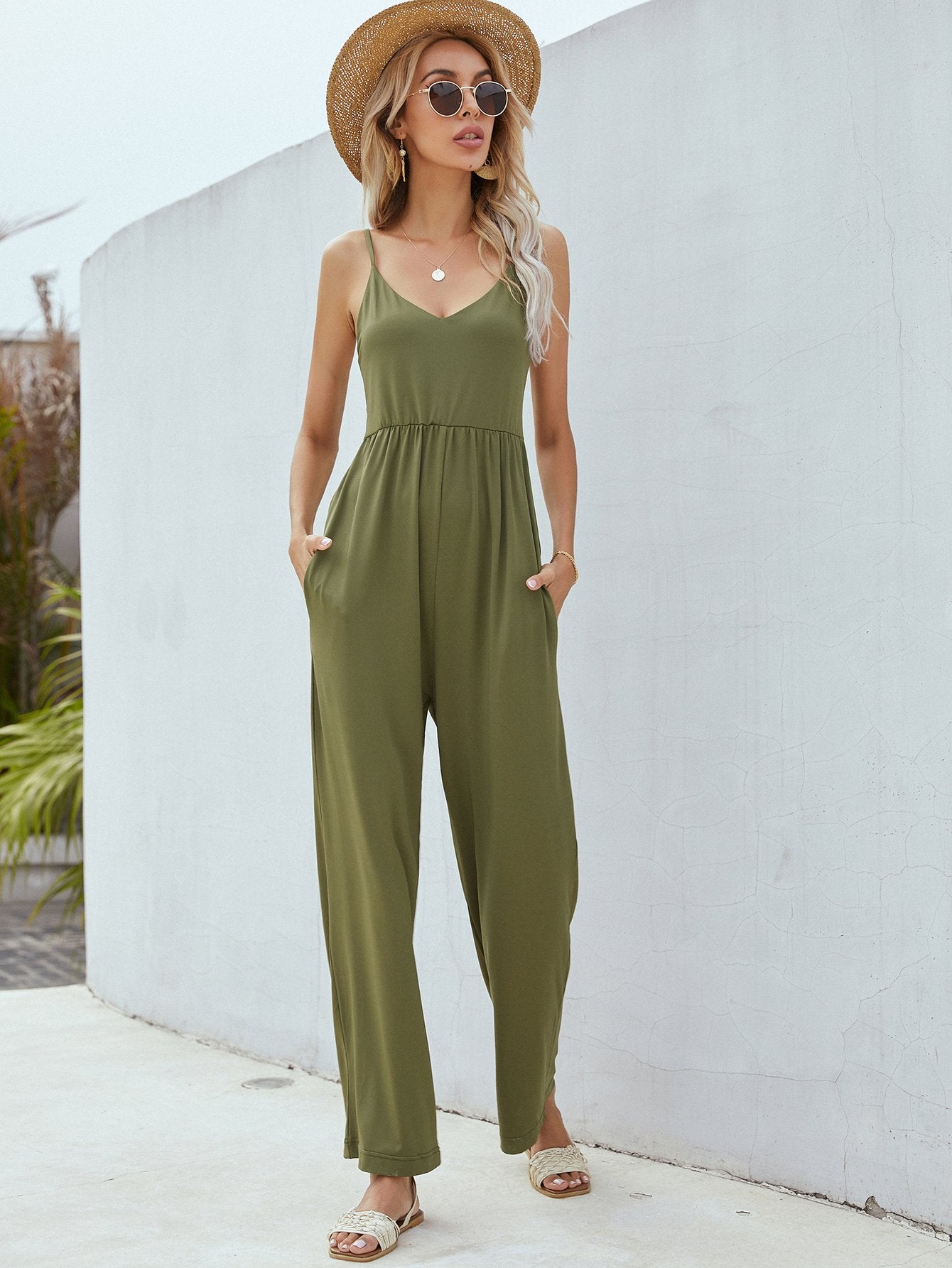 Adjustable Spaghetti Strap Jumpsuit with Pockets-TOPS / DRESSES-[Adult]-[Female]-Army Green-S-Blue Zone Planet