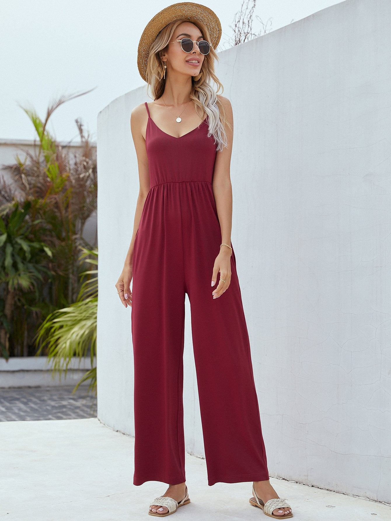 Adjustable Spaghetti Strap Jumpsuit with Pockets-TOPS / DRESSES-[Adult]-[Female]-Wine-S-Blue Zone Planet