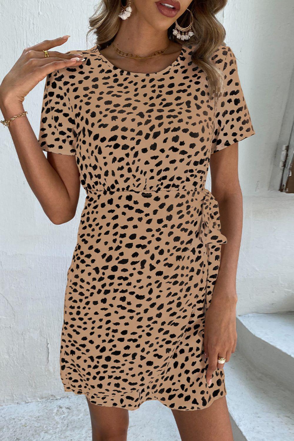 Animal Print Belted Keyhole Round Neck Dress BLUE ZONE PLANET