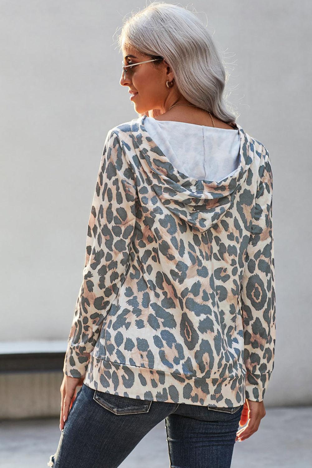 Animal Print Button Detail Long Sleeve Hoodie BLUE ZONE PLANET