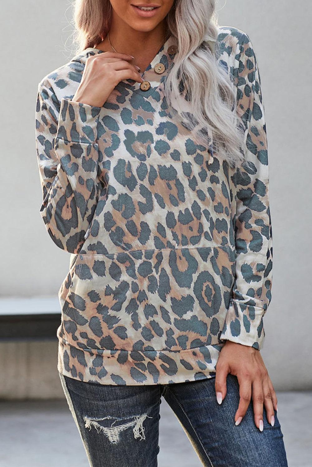 Animal Print Button Detail Long Sleeve Hoodie BLUE ZONE PLANET