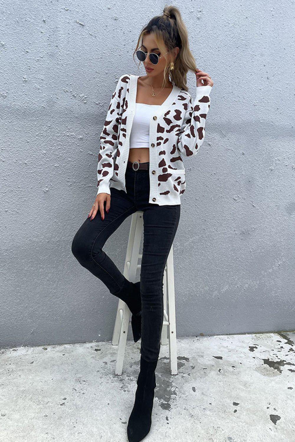 Animal Print Button Front Sweater Cardigan BLUE ZONE PLANET