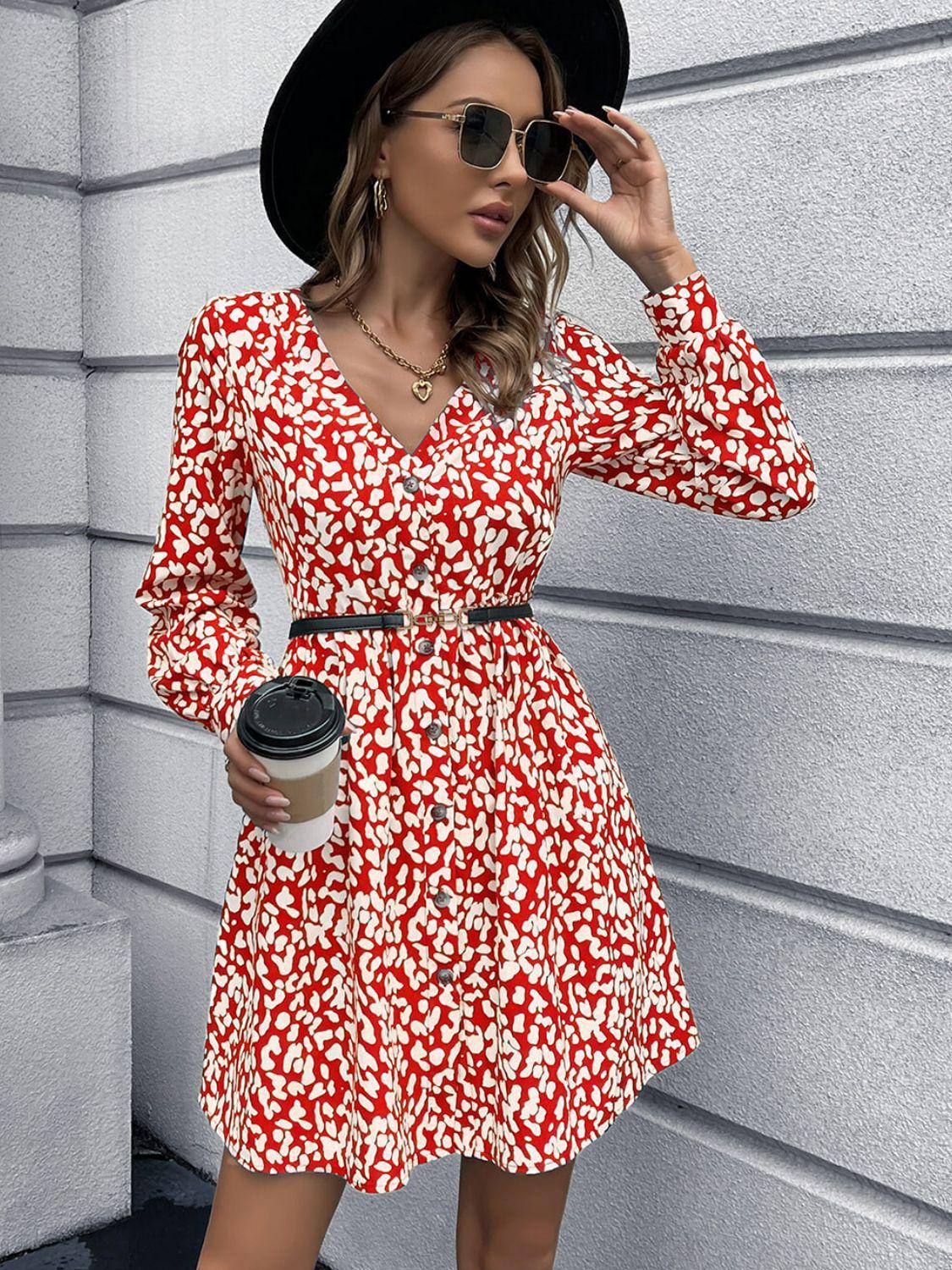 Animal Print Buttoned V-Neck Long Sleeve Mini Dress BLUE ZONE PLANET