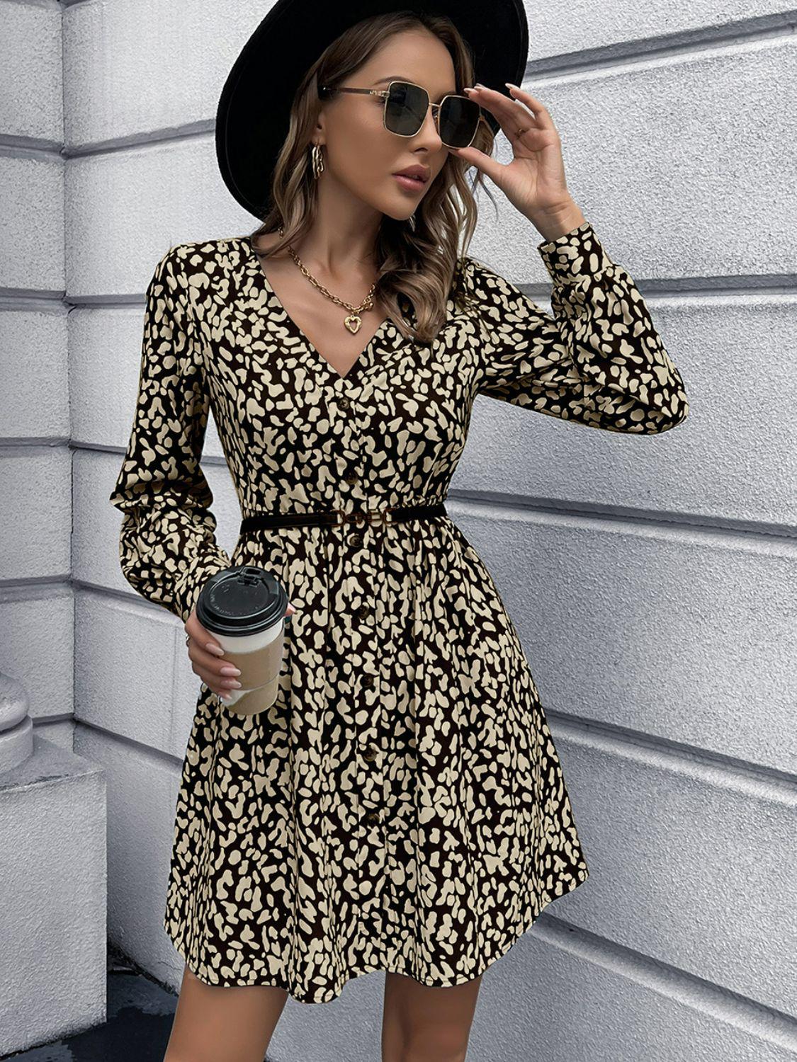 Animal Print Buttoned V-Neck Long Sleeve Mini Dress BLUE ZONE PLANET