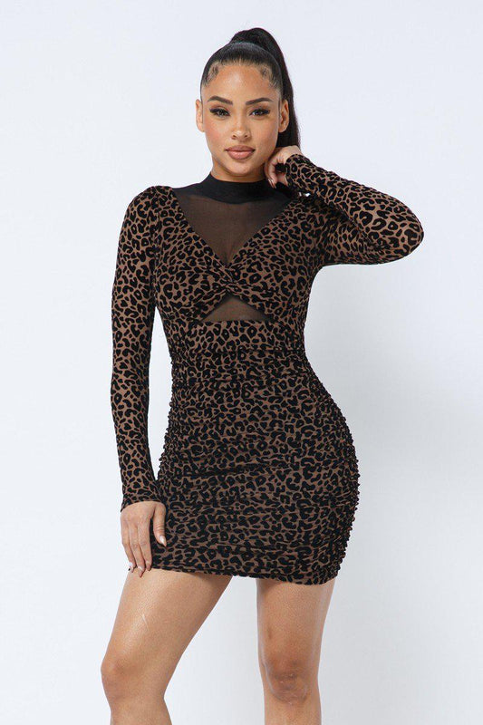 Animal Print Long Sleeve Mock Neck Mini Dress Blue Zone Planet