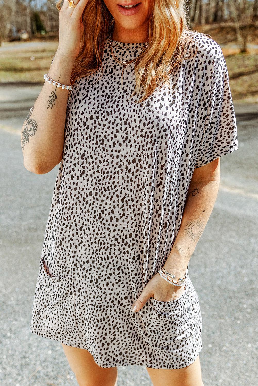 Animal Print Round Neck Tunic Tee with Pockets BLUE ZONE PLANET