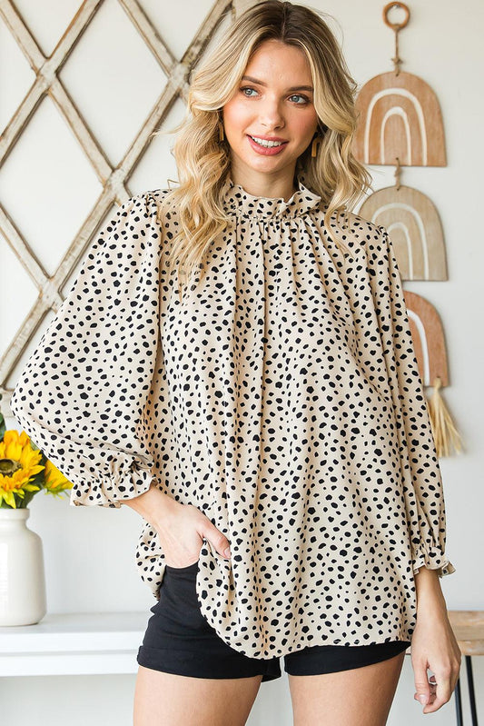 Animal Print Ruffle Collar Flounce Sleeve Blouse BLUE ZONE PLANET