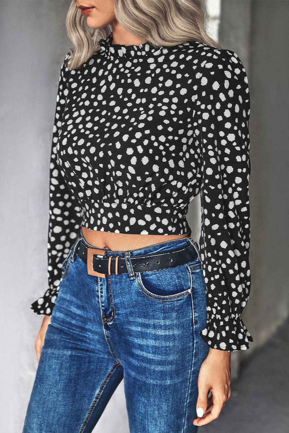 Animal Print Tie-Back Cropped Blouse BLUE ZONE PLANET