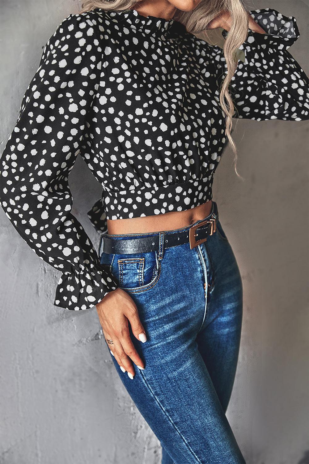 Animal Print Tie-Back Cropped Blouse BLUE ZONE PLANET