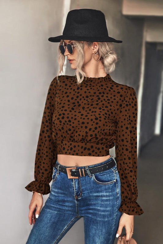 Animal Print Tie-Back Cropped Blouse BLUE ZONE PLANET