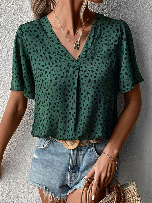 Animal Print V-Neck Flutter Sleeve Blouse BLUE ZONE PLANET