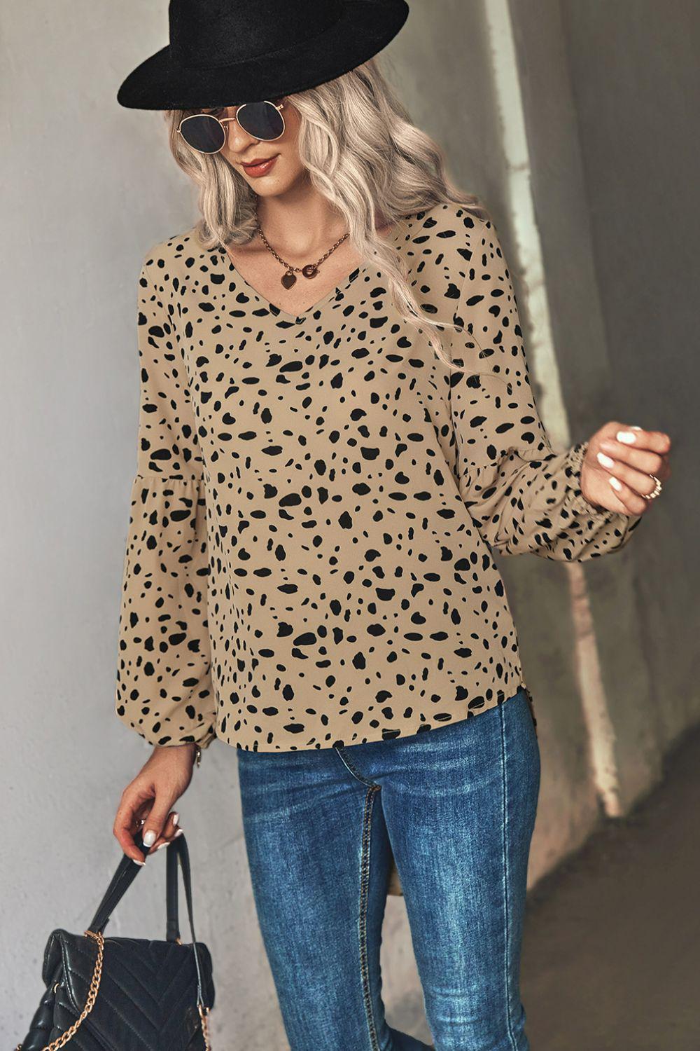 Animal Print V-Neck High-Low Blouse BLUE ZONE PLANET